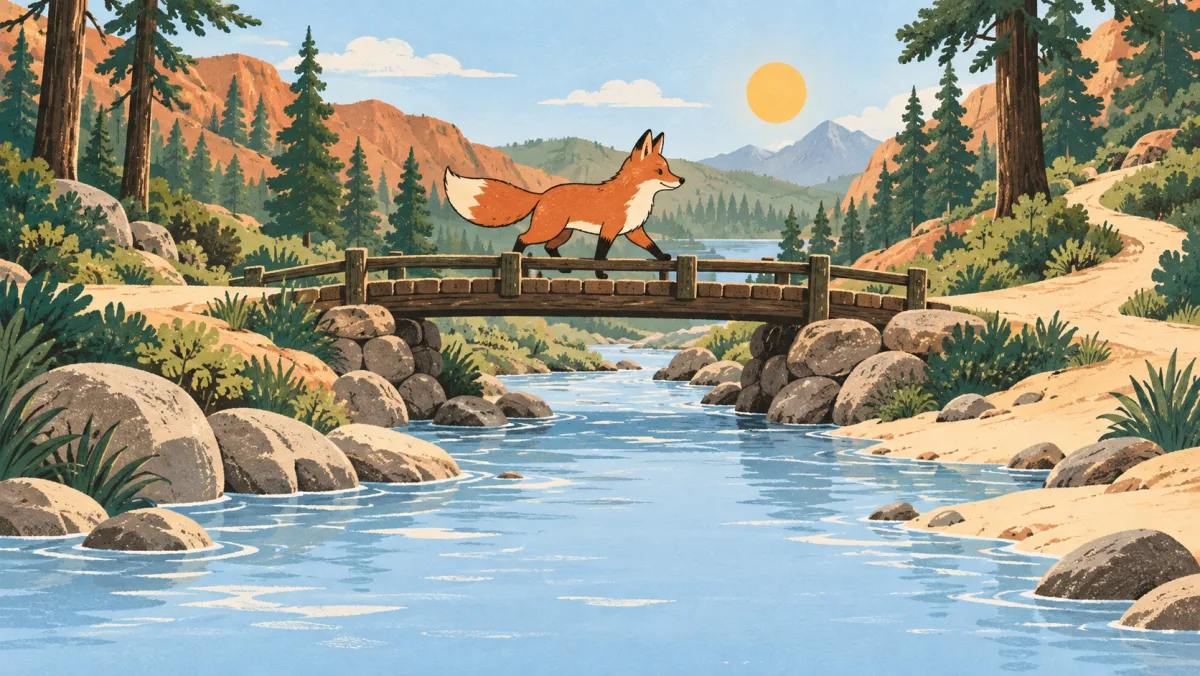 Juniper crossing a woodland footbridge over a quiet stream
