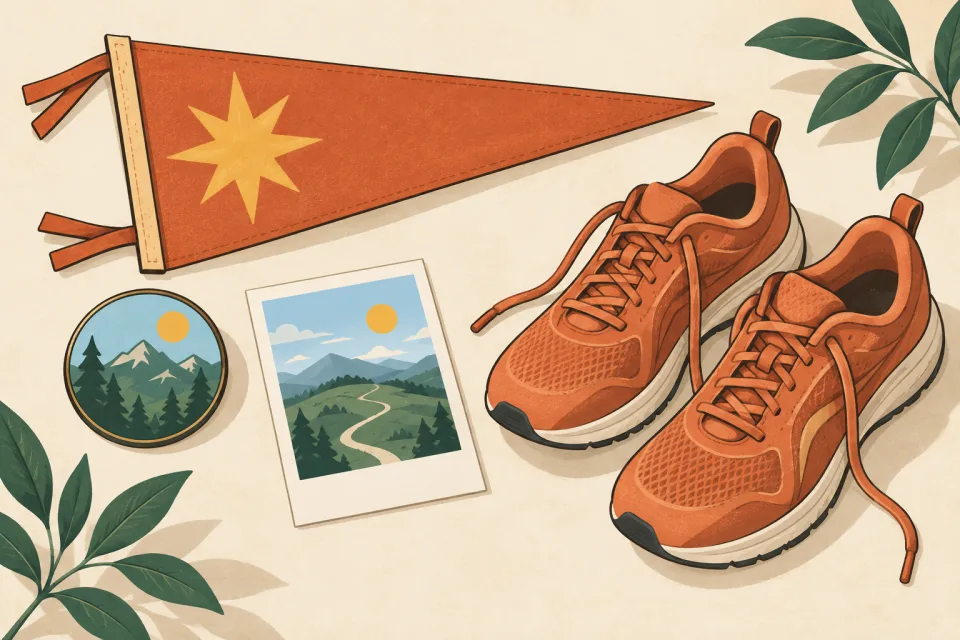 Running shoes, a star pennant, a mountain badge, and a photo kept as reminders of achievements