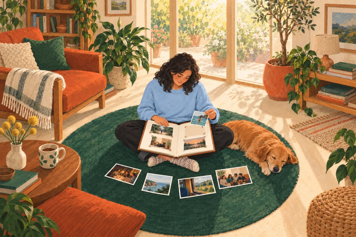 A person arranges photos in a scrapbook on a green rug beside a sleeping dog.