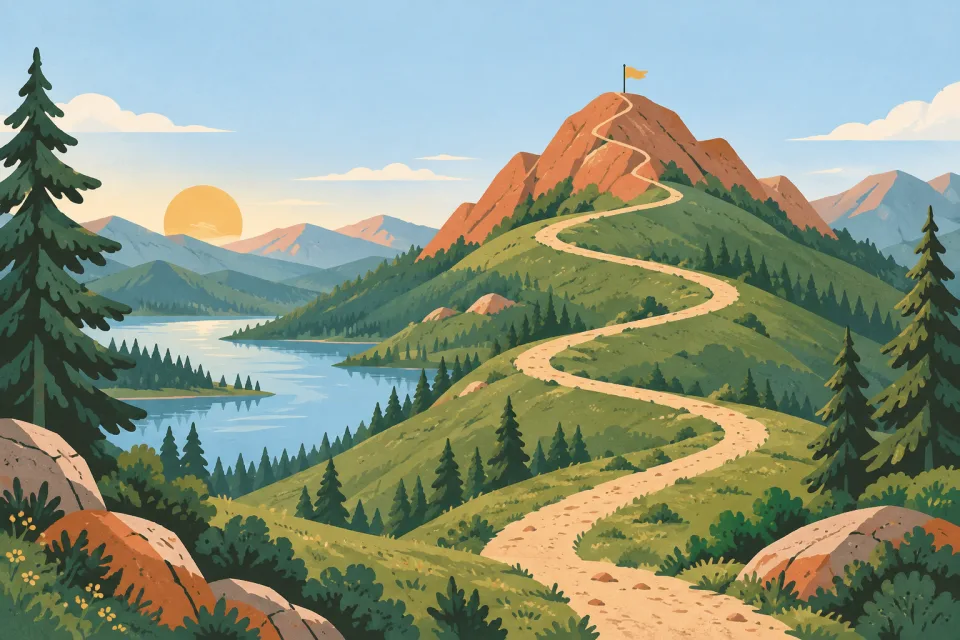 A winding trail leading to a sunny mountain summit and a small flag
