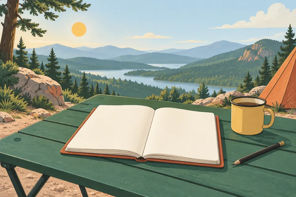An open journal and a warm drink at a quiet campsite overlooking a lake